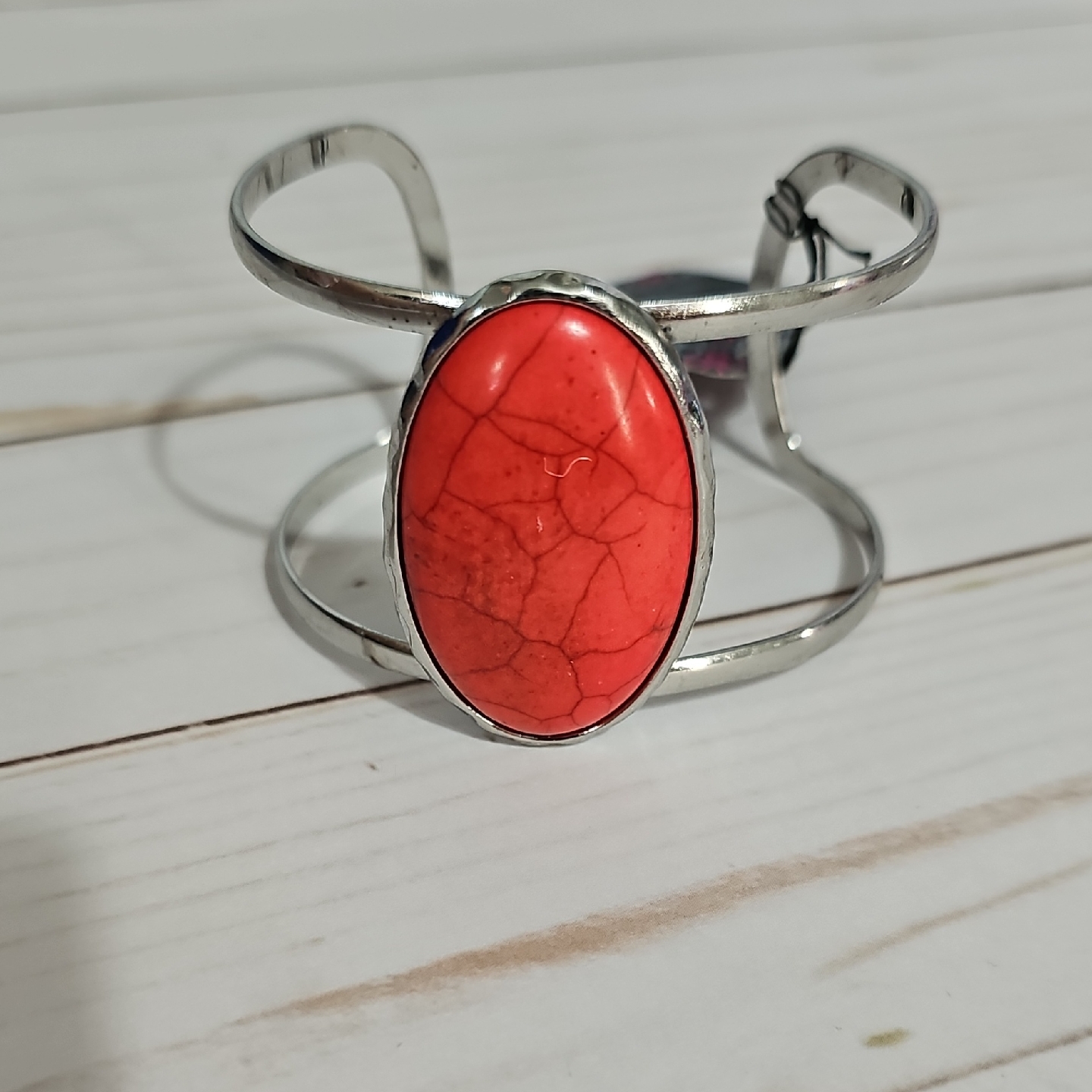 Silver Cuff Bracelet With Red Stone